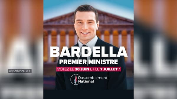 Affiche "Bardella Premier ministre" du Rassemblement national pour les élections législatives anticipées le 30 juin et le 7 juillet 2024.