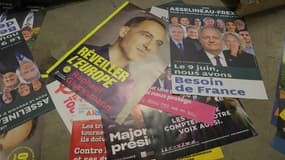 Des affiches officielles de certains candidats aux élections européennes, dans un entrepôt à Mitry-Mory (Seine-et-Marne), le 20 mai 2024.