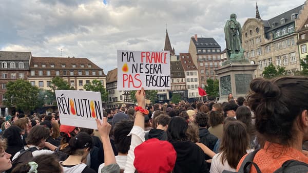 Des pancartes dans le rassemblement contre l'extrême-droite sur la place Kléber à Strasbourg le lundi 10 juin 2024.