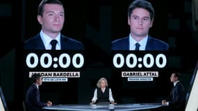 Gabriel Attal et Jordan Bardella sur France 2 le 23 mai 2024.