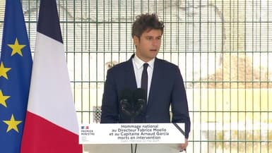 Gabriel Attal, le 22 mai 2024 à Caen, lors de l'hommage national aux deux agents pénitentiaires tués à Incarville.