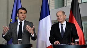 Le président de la République Emmanuel Macron et le chancelier allemand Olaf Scholz à Berlin le 15 mars 2024 