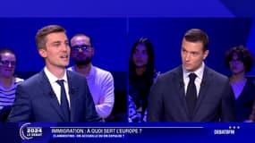 Léon Deffontaines et Jordan Bardella, sur le plateau de BFMTV, le lundi 27 mai 2024