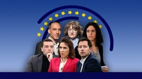 Les eurodéputés Raphaël Glucksmann, Marie Toussaint, Manon Aubry, Jordan Bardella, Valérie Hayer et François-Xavier Bellamy.