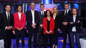 Les principales têtes de liste pour les élections européennes de 2024 en France, Francois-Xavier Bellamy, Valérie Hayer, Raphaël Glucksmann, Léon Deffontaines, Manon Aubry, Marion Maréchal, Jordan Bardella et Marie Toussaint, le 21 mai 2024