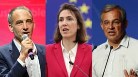 Raphaël Glucksman (tête de liste PS aux européennes), Valérie Hayer (tête de liste Renaissance) et Thierry Mariani, eurodéputé RN (de gauche à droite)