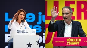 Valérie Hayer (à gauche) et Raphaël Glucksman (à gauche) pendant des discours de leur campagne pour les élections européennes