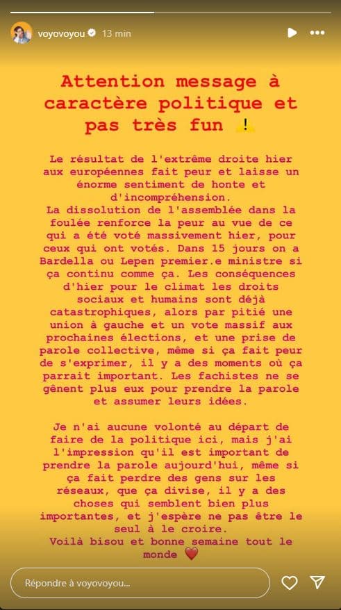 La story Instagram du chanteur Voyou, le 10 juin 2024, au lendemain des élections européennes.